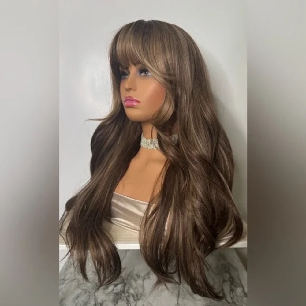 Long Wavy Wig with Curtain Bangs – Medium Brown with Soft Caramel Highlights - Picture 13 of 13